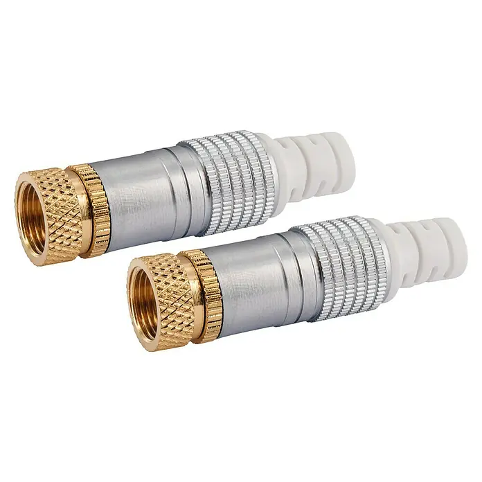 Schwaiger F-Stecker HQ - Vergoldete Kontakte, Durchmesser: 7 mm, Kabelführung, 2 Stk. - Zwei Kabelverbinder mit einem goldenen Anschluss und einem weißen Ende für eine stabile Verbindung.