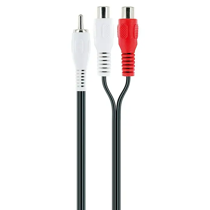 Schwaiger Audio-Adapter - 2 x Cinch-Buchse, 1 x Cinch-Stecker, 20 cm - Abbildung eines Cinch-Kabels mit drei Anschlüssen in Weiß und Rot, das für Audio- und Videoübertragungen verwendet wird.