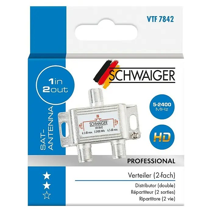 Schwaiger Verteiler - 2-fach, F-Buchse, 5 - 2.400 MHz, 6,5 dB - Verpackung eines Schwaiger VTF 7842 Verteilers (2-fach) für SAT-Antennen mit den Frequenzbereichen 5-2400 MHz, ideal für professionelle Anwendungen.