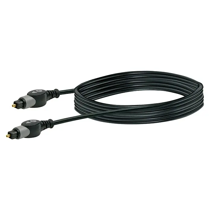 Schwaiger Lichtwellenleiter-Kabel - 1,5 m, Schwarz, Toslink-Stecker - Nahaufnahme eines digitalen optischen Audiokabels mit TOSLINK-Steckern an beiden Enden, zusammengerollt auf schwarzem Hintergrund.