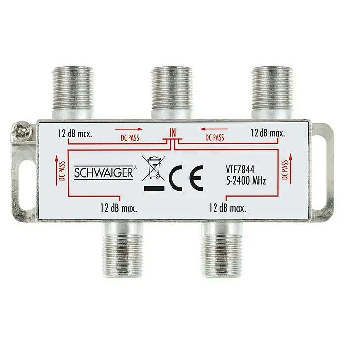 Schwaiger Verteiler - 4-fach, F-Buchse, 5 - 2.400 MHz, 12 dB - Bild eines Signalverteilers von SCHWAIGER mit der Bezeichnung VTF7844, der für Frequenzen von 5-2400 MHz geeignet ist.