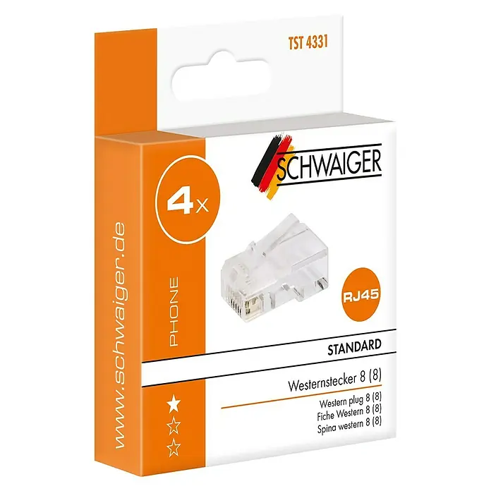 Schwaiger Netzwerk-Stecker - RJ45-Stecker, Transparent, 4 Stk. - Verpackung von 4 RJ45 Westernsteckern der Marke Schwaiger, geeignet für Standard-Telefonanschlüsse.