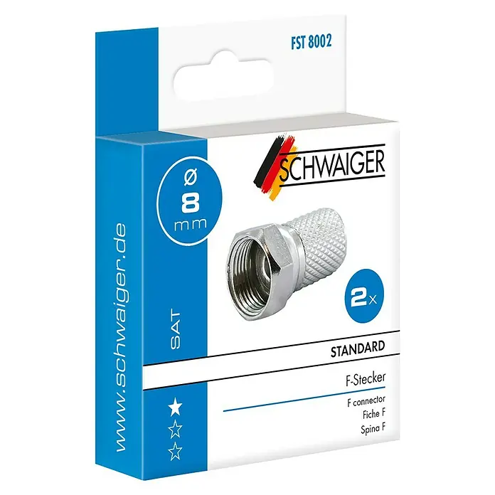 Schwaiger F-Stecker-Set Standard - 8 mm, 2 Stk. - Eine Packung mit zwei F-Steckern der Marke Schwaiger. Geeignet für SAT-Anlagen mit einem Durchmesser von 8 mm.