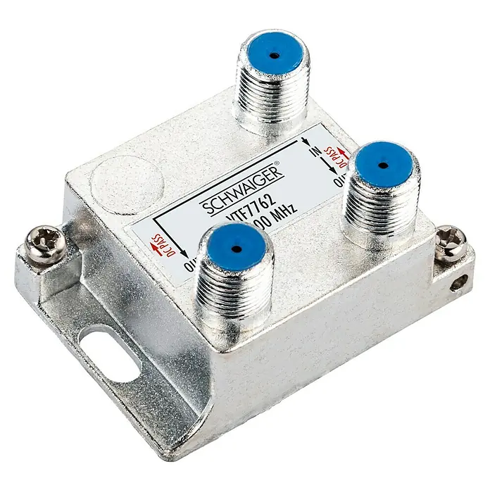 Schwaiger Verteiler - 2-fach, F-Buchse, 5 - 2.400 MHz, 4 dB - Nahaufnahme eines SCHWAIGER Verteilers mit drei Anschlüssen, ideal für TV- und Satellitenanlagen, robustes Metallgehäuse.