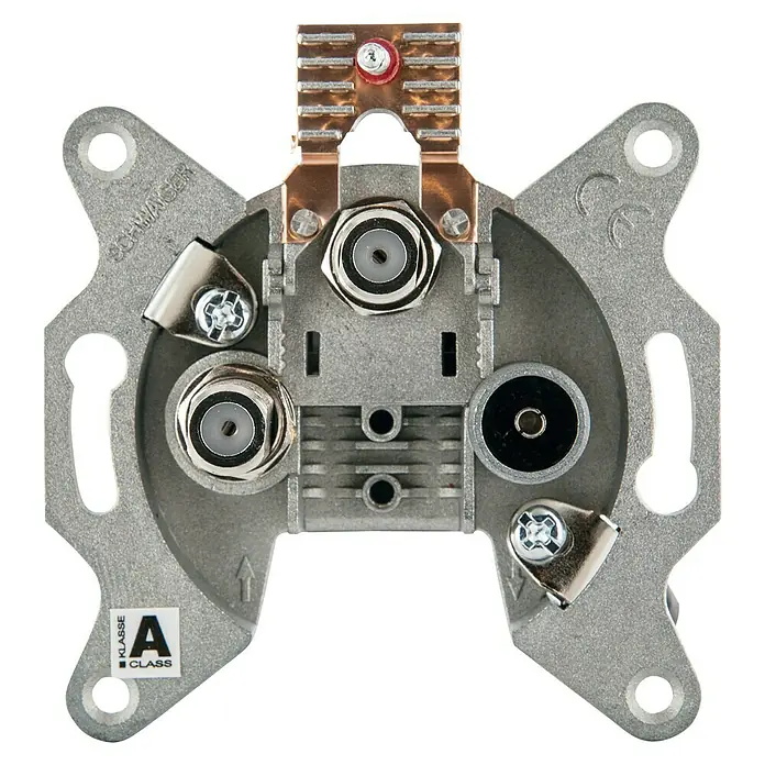 Schwaiger SAT-Antennendose TWIN Stichleitungsdose - 3-fach, 2 dB - Detailaufnahme einer SCHWAIGER Antennensteckdose, ideal für TV- und Radioempfang mit hochwertiger Abschirmung und robuster Bauweise.