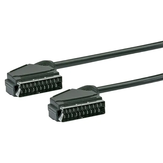 Schwaiger Scart-Kabel - Länge: 2 m, Schwarz, 10 mm - Ein SCART-Kabel mit zwei Anschlüssen, die an beiden Enden des Kabels angebracht sind und für Video- und Audioübertragung verwendet werden.