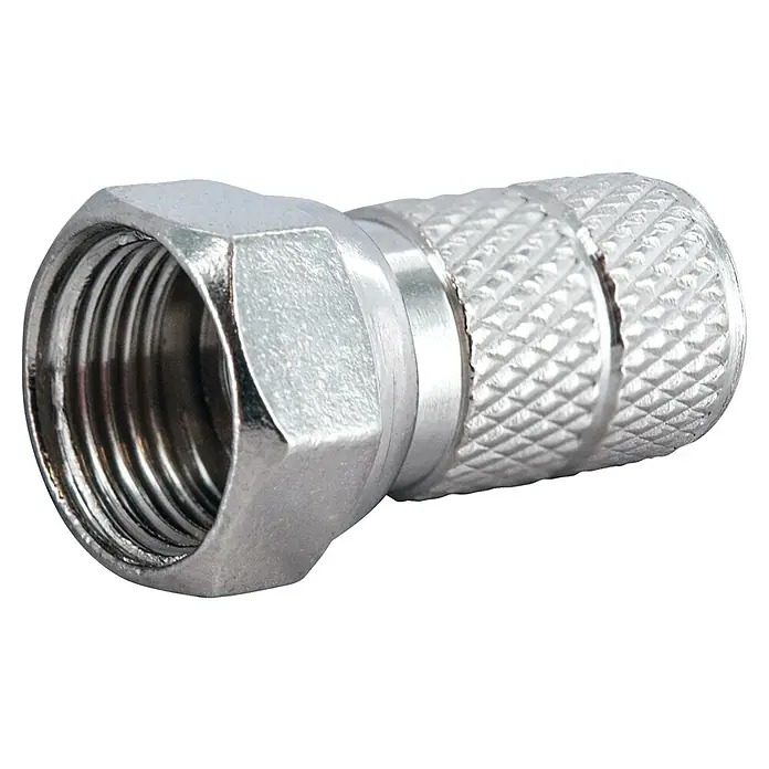 Schwaiger F-Stecker-Set Standard - 6,5 mm, 10 Stk. - Nahaufnahme eines F-Steckers, ein Koaxialkabelverbinder, in Silber, der für eine sichere und zuverlässige Verbindung sorgt.