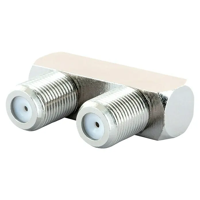 Schwaiger F-Doppelbuchse - U-Form, Geeignet für: F-Stecker - Nahaufnahme eines F-Stecker-T-Stücks, einem Koaxialkabelverbinder, der für die Signalverteilung im TV- und Antennenbereich verwendet wird.