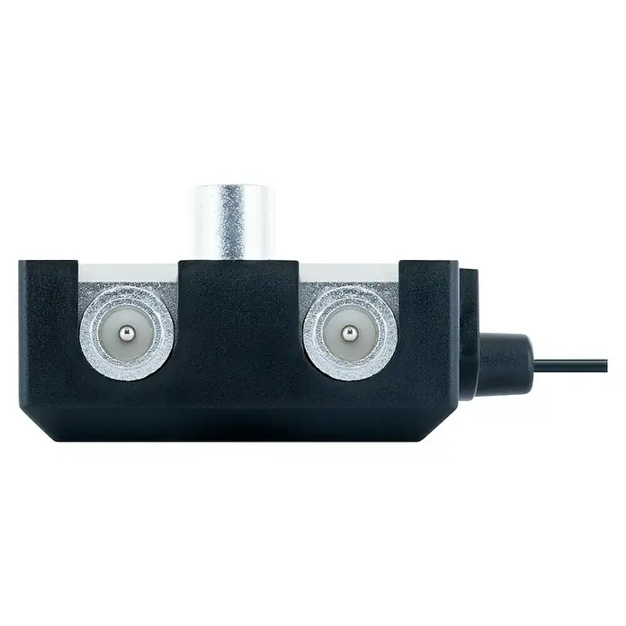 Schwaiger Zwei-Geräteverstärker - 47 - 862 MHz, 2 x 8 dB, Kabellänge: 1,5 m - Das Bild zeigt einen Antennenverteiler in Schwarz mit zwei F-Steckern und einem Antennenanschluss.