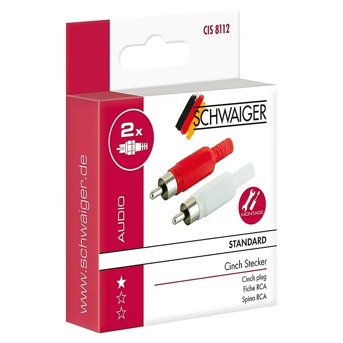 Schwaiger Cinch-Stecker Set - 2 Stk., Weiß/Rot - Verpackung von Schwaiger Cinch-Steckern. Enthält zwei Cinch-Stecker für die Audiomontage, Standardausführung.