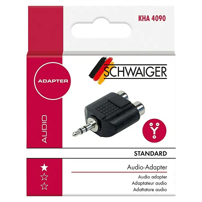 Schwaiger Audio-Adapter - 2 x Cinch-Kupplung, 1 x Klinkenstecker 3,5 mm - Abbildung eines Audio-Adapters der Marke SCHWAIGER, Modell KHA 4090, zur Audio-Signalübertragung.