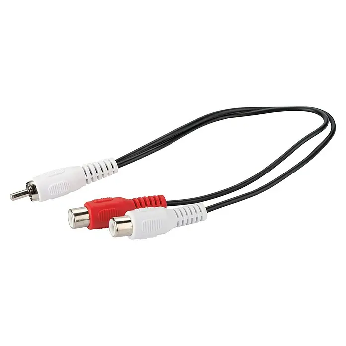 Schwaiger Audio-Adapter - 2 x Cinch-Buchse, 1 x Cinch-Stecker, 20 cm - Nahaufnahme eines RCA-Kabels mit einem weißen Stecker und zwei Buchsen in Rot und Weiß für Audioübertragung.