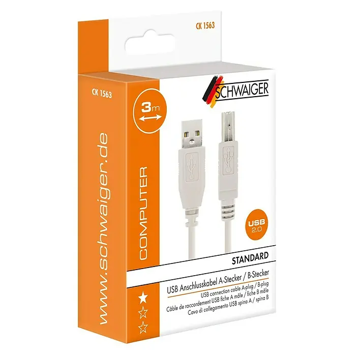 Schwaiger USB-Kabel 2.0 - 3 m, Grau, USB 2.0 A Stecker auf USB 2.0 B Stecker - Produktverpackung eines weißen 3m USB 2.0 Anschlusskabels A-Stecker/B-Stecker von der Marke Schwaiger.