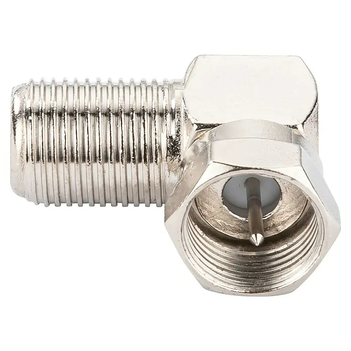 Schwaiger Winkeladapter - F-Stecker, 90 ° gewinkelt, Geeignet für: Koax-Kabel - Nahaufnahme eines abgewinkelten F-Steckers, der für den Anschluss von Koaxialkabeln verwendet wird und in der TV- und Satellitenkommunikation eingesetzt wird.