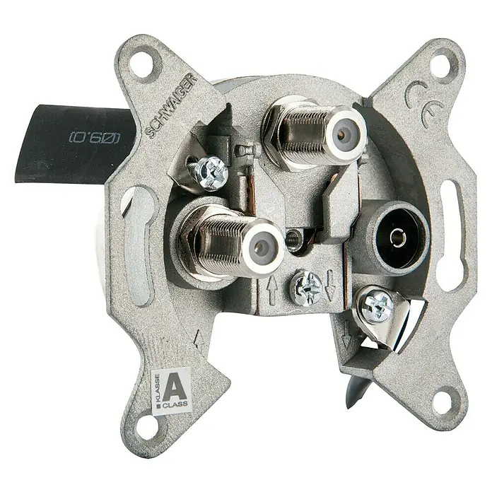 Schwaiger SAT-Antennendose TWIN Stichleitungsdose - 3-fach, 2 dB - Nahaufnahme eines Schwiger-Satellitenverteilers mit mehreren Anschlüssen und Montagepunkten.