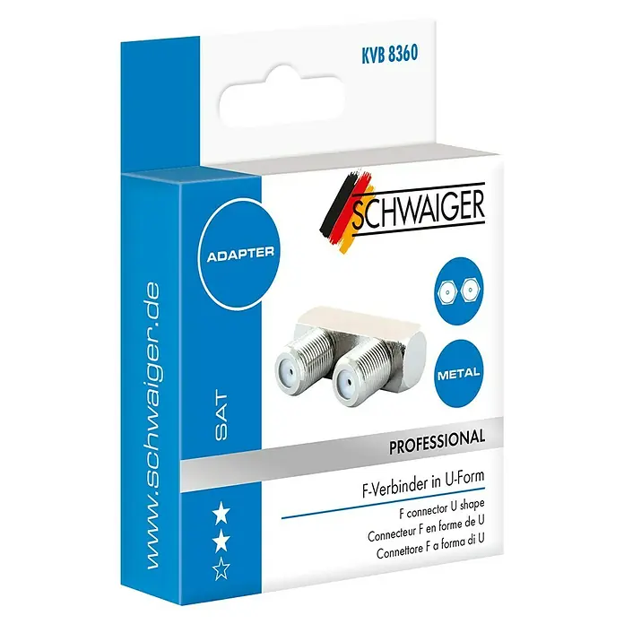 Schwaiger F-Doppelbuchse - U-Form, Geeignet für: F-Stecker - Abbildung einer Verpackung für einen Schwaiger F-Verbinder in U-Form, ein Metalladapter für professionelle SAT-Anwendungen.