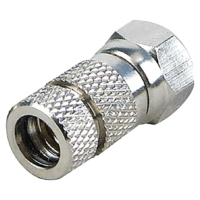 Schwaiger F-Stecker mit Dichtung HQ - Durchmesser: 7 mm, 2 Stk. - Nahaufnahme eines F-Steckers, eines Koaxialkabel-Verbindungsstücks, das in der Telekommunikation für Kabelfernsehen und Satelliten verwendet wird.