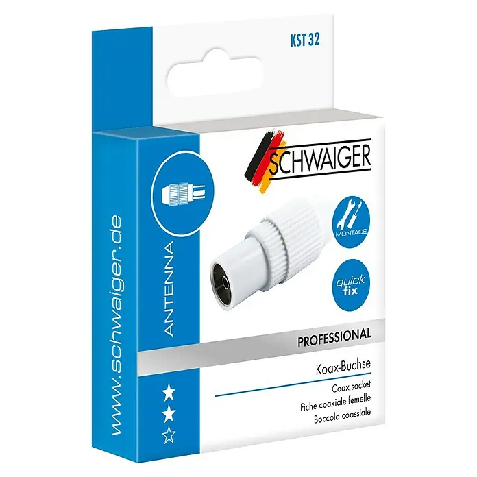 Schwaiger Koax-Steckbuchse quickFIX - Kunststoff, Schraubbare Innenleiter, 1 Stk. - Verpackung einer weißen Koax-Buchse von Schwaiger, ein professionelles Antennenprodukt für schnellen Anschluss.
