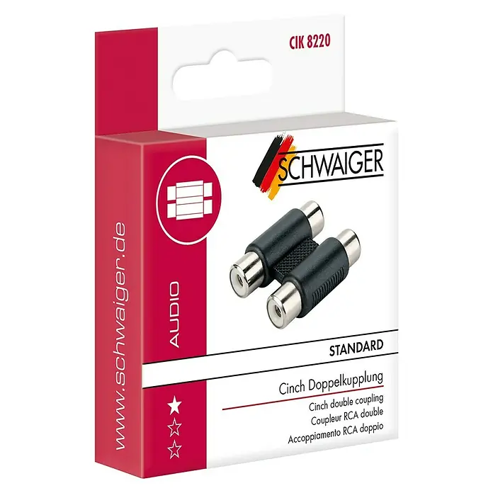 Schwaiger Audio-Adapter - Cinch-Buchse, 2-fach - Verpackung einer Cinch-Doppelkupplung von Schwaiger, ein Audioadapter für Standard-Audioverbindungen, Modell CIK 8220.