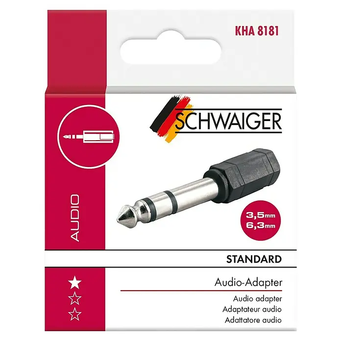 Schwaiger Audio-Adapter - Klinkenkupplung 3,5 mm, Klinkenstecker 6,3 mm - Abbildung eines Adapters von 3,5 mm auf 6,3 mm von SCHWAIGER, der für Audioanwendungen verwendet wird und mit dem Modell KHA 8181 gekennzeichnet ist.