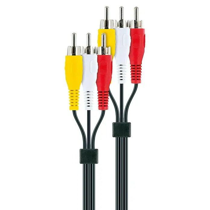 Schwaiger Cinch-Kabel - 6 x Cinch-Stecker, 5 m, Schwarz, Rot/Gelb/Weiß, Geschirmt - Nahaufnahme von Cinch-Steckern (gelb, weiß, rot) mit Kabeln, die durch eine schwarze Kabelhalterung geführt werden.