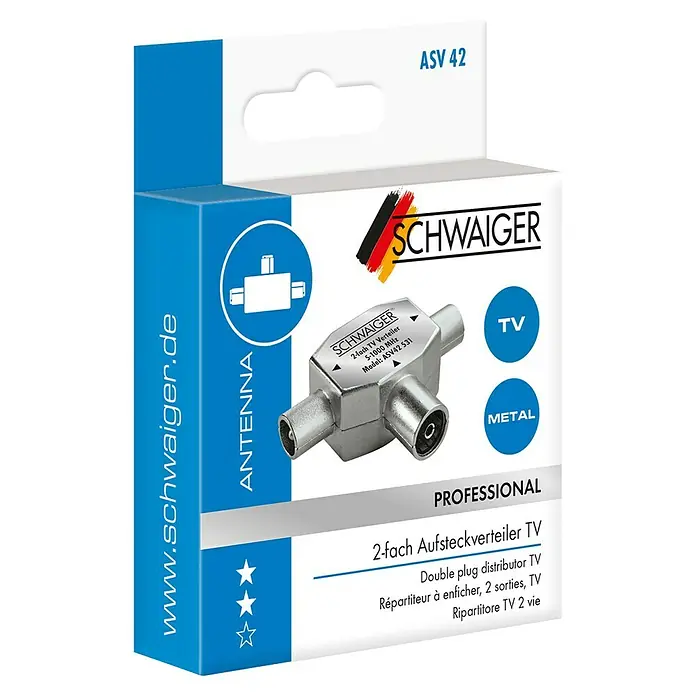 Schwaiger Aufsteckverteiler TV - 2-fach, 1 x IEC Buchse, 2 x IEC Stecker, 5 - 1.000 MHz, 5 dB - Produktverpackung für einen 2-fach TV-Verteiler von Schwaiger, ideal zum Anschluss von Antennen und für professionelle TV-Installationen.