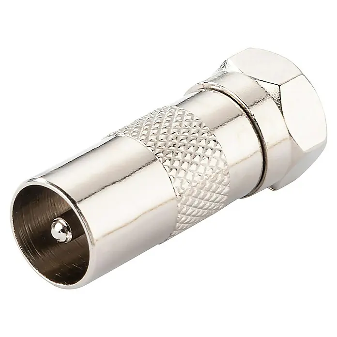 Schwaiger Koax-Adapter - F-Stecker, IEC-Stecker, 1 Stk. - Nahaufnahme eines F-Steckers, verwendet für Koaxialkabelverbindungen in TV- und Satellitenanlagen, mit einem glänzenden Finish.