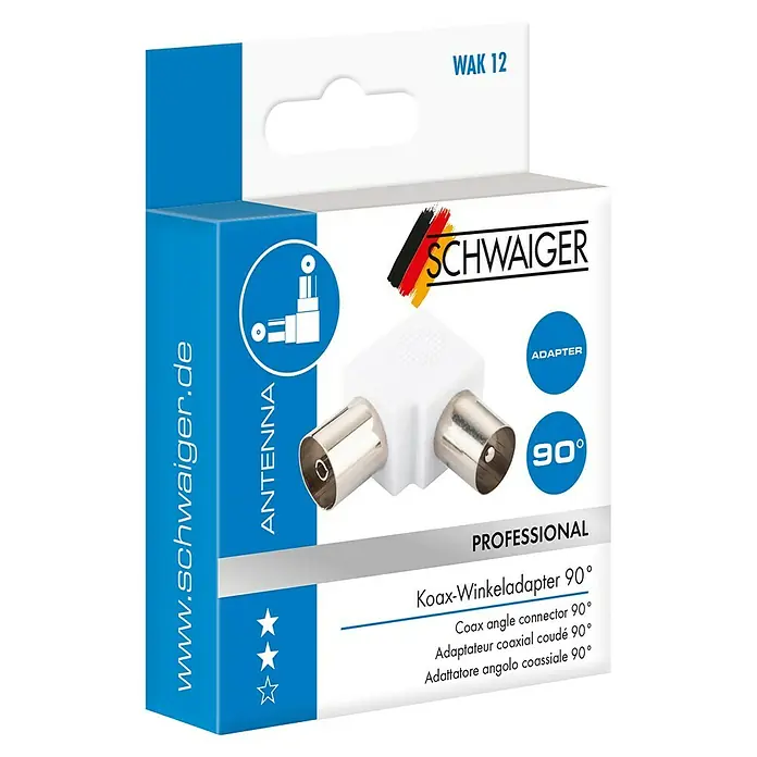 Schwaiger Winkeladapter - IEC-Stecker, IEC-Buchse, 90 ° gewinkelt - Produktverpackung eines weißen Koax-Winkeladapters 90° von SCHWAIGER für Antennen.