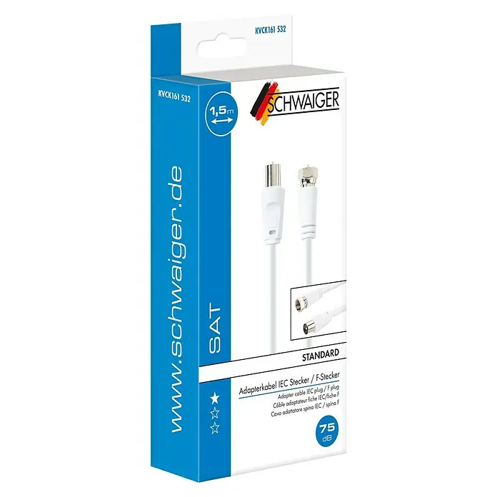 Schwaiger Adapterkabel SAT/Antenne - F-Stecker, IEC-Stecker, Weiß, 75 dB - Verpackung eines weißen 1,5 m langen SCHWAIGER Adapterkabels IEC-Stecker/F-Stecker für SAT-Anlagen.