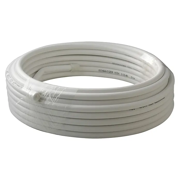 Schwaiger Koaxialkabel - 10 m, Weiß, Schirmungsmaß: 110 dB - Eine Rolle weißes Koaxialkabel von SCHWAIGER KOX 110dB, umwickelt mit durchsichtigem Kunststoff, ideal für TV- und Satellitenanschlüsse.