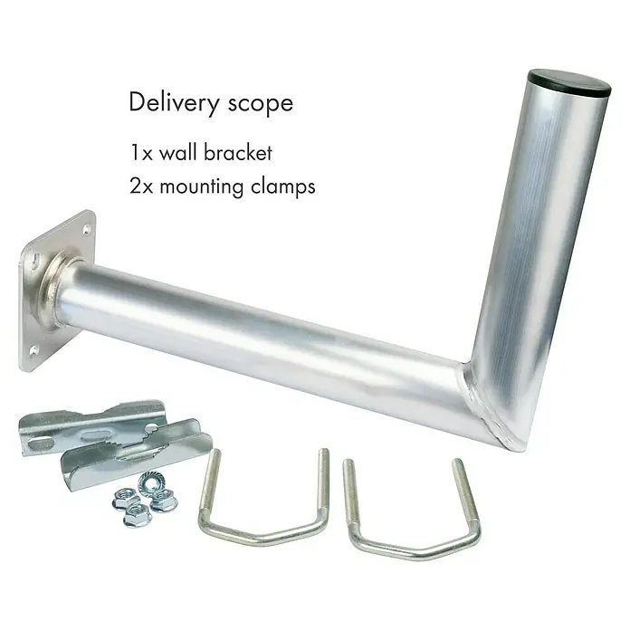 Schwaiger Mast-Balkonausleger - 30 cm Wandabstand, Aluminium, Silber - Wandhalterung mit Montageschellen. Das Set enthält eine Wandhalterung und zwei Montageschellen zur sicheren Befestigung.