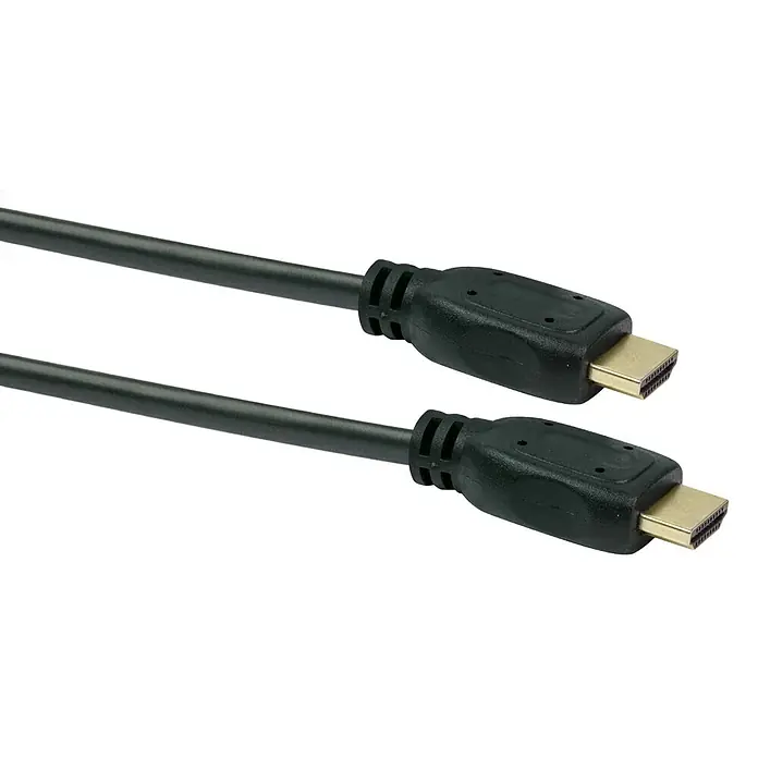 Schwaiger HDMI-Kabel - 1,3 m, Schwarz, 18 Gbit/s - Hier ist eine Nahaufnahme eines HDMI-Kabels mit zwei schwarzen Enden, die eine hochwertige Bild- und Tonübertragung ermöglichen.