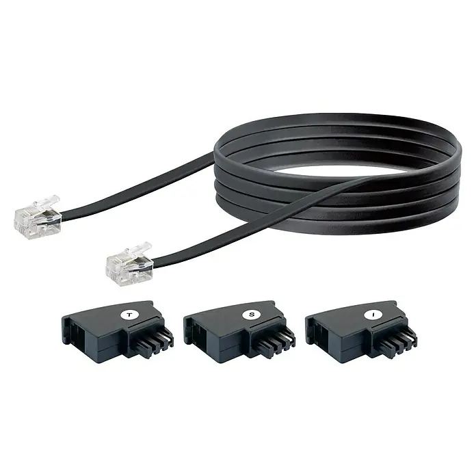 Schwaiger Telefon-Anschluss-Set - TAE-F-Stecker, Kabellänge: 6 m - Das Bild zeigt ein Netzwerkkabel mit RJ45-Steckern und drei Adaptern mit den Bezeichnungen T, S und I. Die Kabel und Adapter sind schwarz.