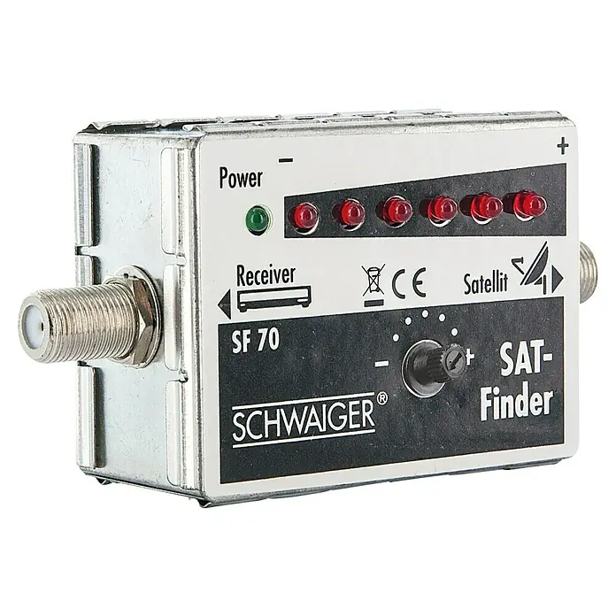Schwaiger SAT-Finder 6+1 LED - Akustisches Feldstärkesignal, F-Buchse, 950 - 2.150 MHz - Nahaufnahme eines Sat-Finders SF 70 von Schwaiger, einem Gerät zur Ausrichtung von Satellitenantennen, mit LED-Anzeige und Regler.