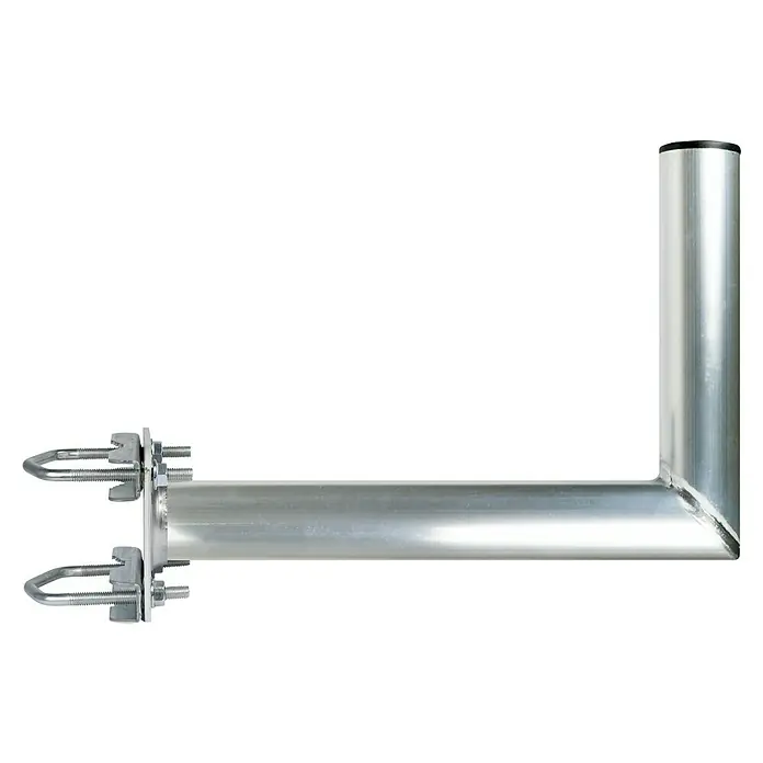Schwaiger Mast-Balkonausleger - 30 cm Wandabstand, Aluminium, Silber - L-förmige Antennenhalterung aus Metall mit U-förmigen Befestigungselementen zur sicheren Montage an verschiedenen Oberflächen.