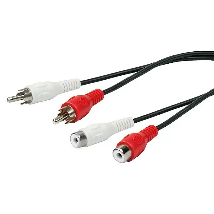 Schwaiger Stereo-Audioverlängerung - 5 m, 2 x Cinch-Kupplung, 2 x Cinch-Stecker - Schwarzes Cinch-Audiokabel mit roten und weißen Steckern und Buchsen.