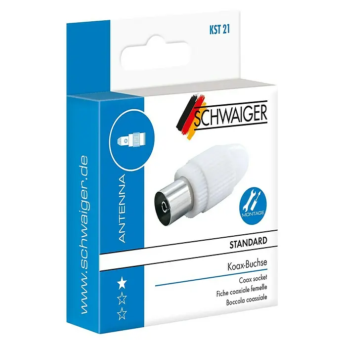 Schwaiger Koax-Steckbuchse - IEC-Buchse, Kunststoff, Schraubbare Innenleiter, 1 Stk. - Verpackung einer Schwaiger Koax-Buchse (KST 21) für Antennenanschluss. Standard-Koax-Buchse für den Antennenanschluss mit Montageanleitung.