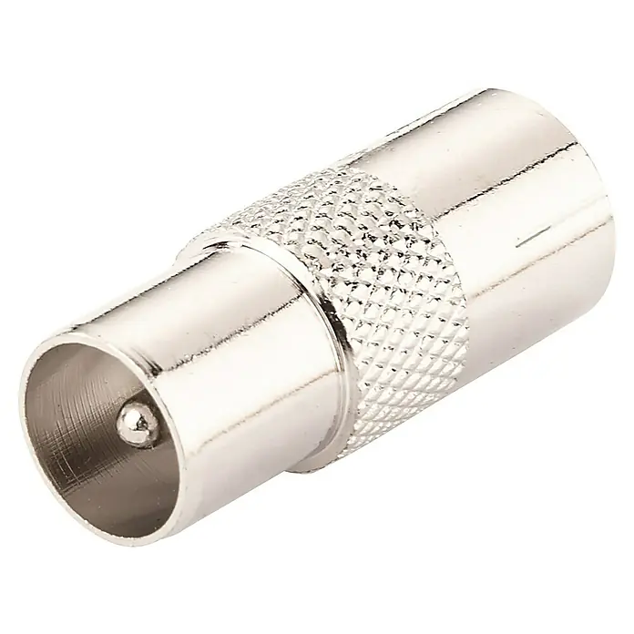 Schwaiger Koax-Adapter - IEC-Stecker, IEC-Buchse, Metall, Vernickelt, 1 Stk. - Nahaufnahme eines silbernen Koaxialkabelsteckers, der für den Anschluss von Antennenkabeln verwendet wird.