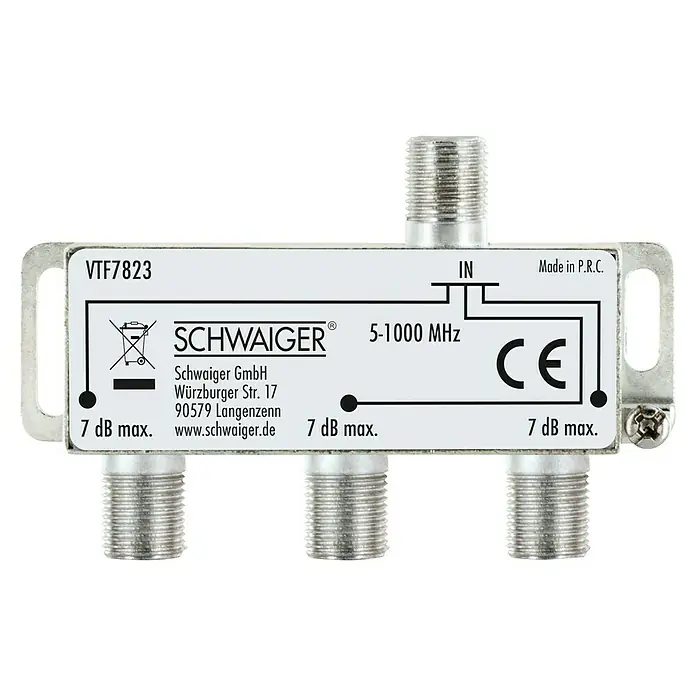 Schwaiger Verteiler - 3-fach, F-Buchse, 5 - 1.000 MHz, 7 dB - Abbildung eines Schwaiger VTF7823 Antennenverteilers mit einem Eingang und drei Ausgängen zur Signalverteilung im Frequenzbereich von 5-1000 MHz.