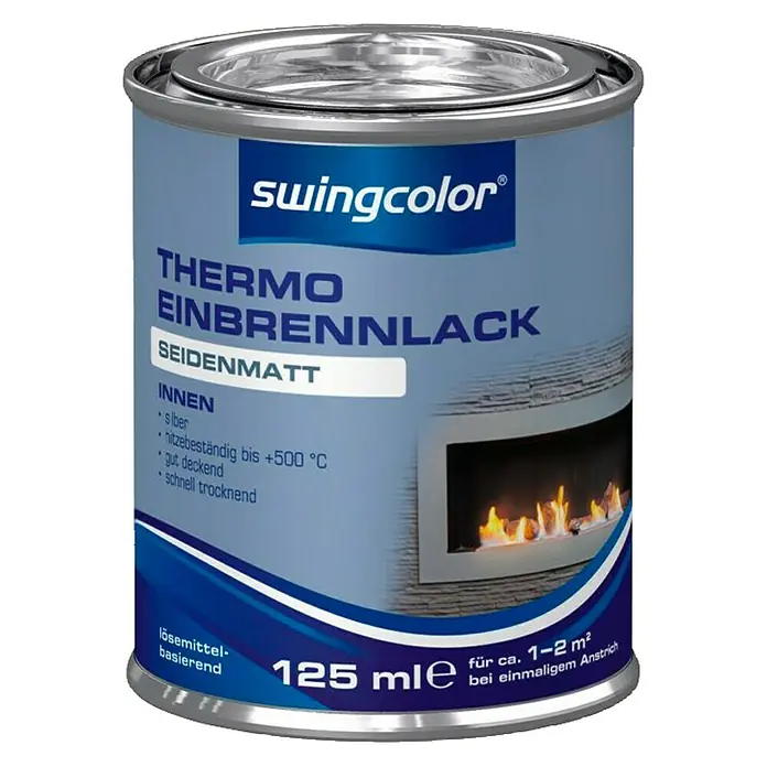 swingcolor Einbrennlack - Silber, Seidenmatt, 125 ml, Lösemittelbasiert - Dose Swingcolor Thermo Einbrennlack, seidenmatt, für Innenbereiche, hitzebeständig bis +500°C, lösemittelbasiert, 125 ml, für ca. 1-2 m².