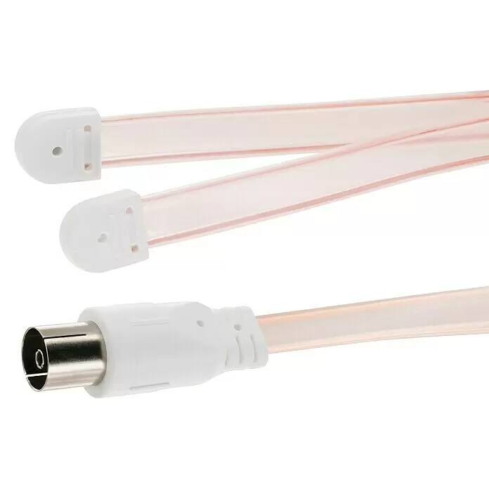 Schwaiger UKW-Wurfantenne - Koax-Buchse, Kabellänge: 1,8 m - Weißes TV-Antennenkabel mit männlichem Stecker und flachem, durchscheinend rosafarbenem Kabel.