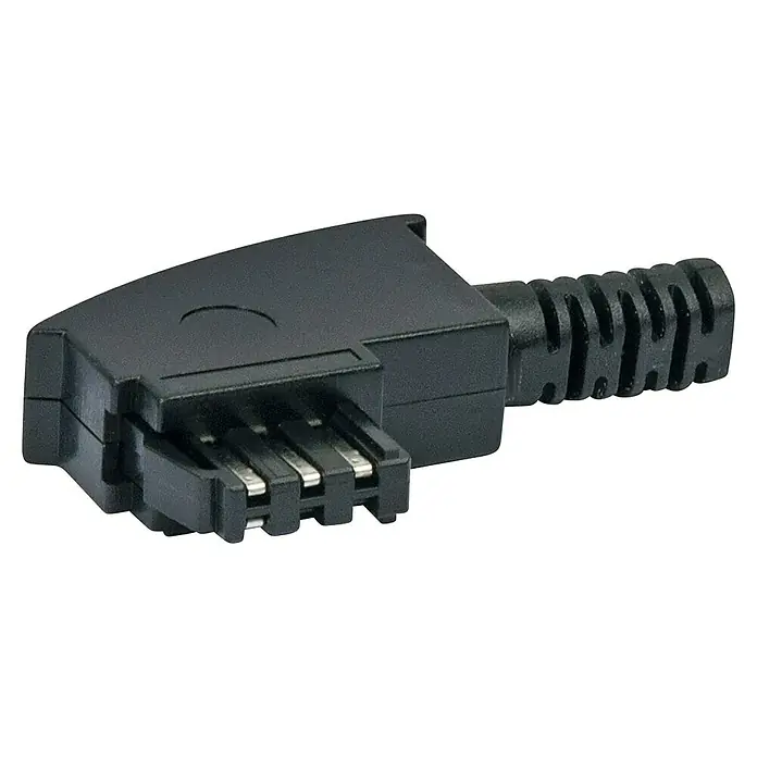 Schwaiger TAE-Anschlussstecker F - Schwarz, TAE-F-Stecker - Nahaufnahme eines schwarzen, rechtwinkligen Stromsteckers mit vier Metallstiften für elektronische Geräte.