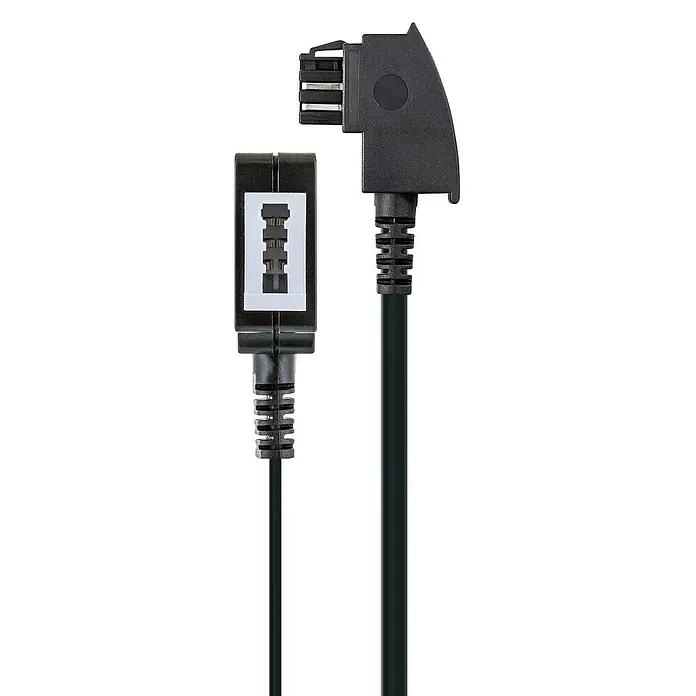 Schwaiger TAE-N-Verlängerungsleitung - 10 m, Schwarz - Ein schwarzes Kabel mit einem speziellen Stecker-Design, ideal für professionelle Audio- oder Videogeräte für zuverlässige Verbindungen.