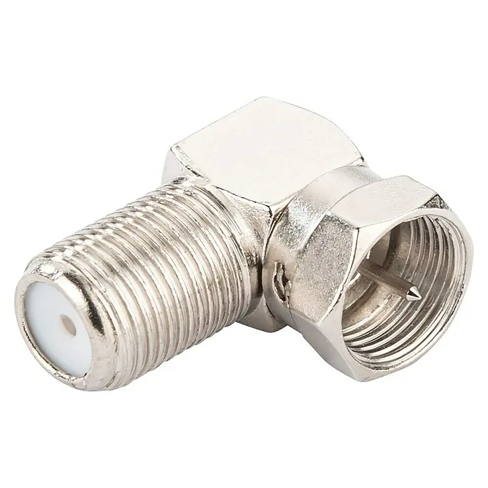 Schwaiger Winkeladapter - F-Stecker, 90 ° gewinkelt, Geeignet für: Koax-Kabel - Nahaufnahme eines rechtwinkligen F-Steckers, der für Koaxialkabel verwendet wird und eine zuverlässige Verbindung für TV- und Satellitensignale bietet.
