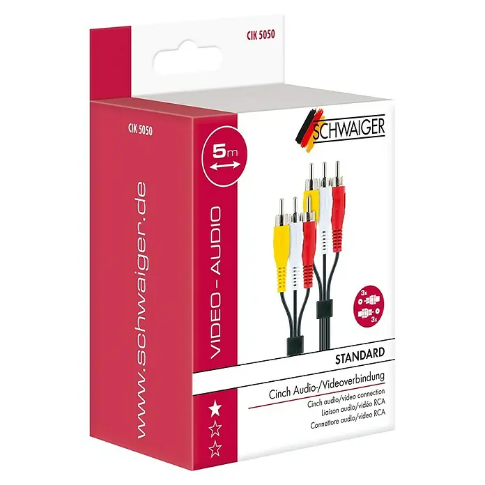 Schwaiger Cinch-Kabel - 6 x Cinch-Stecker, 5 m, Schwarz, Rot/Gelb/Weiß, Geschirmt - Verpackung eines 5m langen Schwaiger Cinch Audio-/Videokabels für Standardverbindungen.