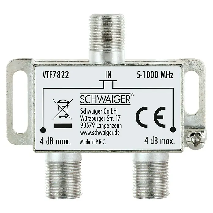 Schwaiger Verteiler - 2-fach, F-Buchse, 5 - 1.000 MHz, 4 dB - Antennenverteiler von SCHWAIGER, Modell VTF7822, mit einem Eingang und zwei Ausgängen, Frequenzbereich 5-1000 MHz und 4 dB max..