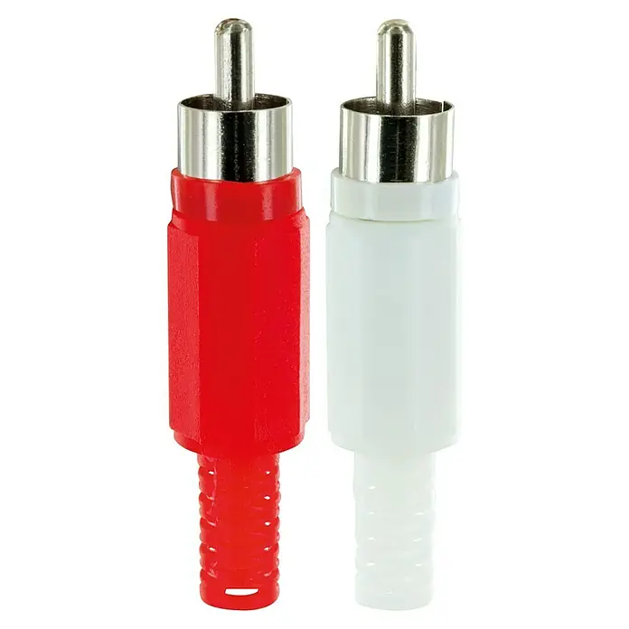 Schwaiger Cinch-Stecker Set - 2 Stk., Weiß/Rot - Nahaufnahme von roten und weißen Cinch-Steckern, die für Audio- und Videoanwendungen verwendet werden. Die Stecker sind auf einem schwarzen Hintergrund dargestellt.