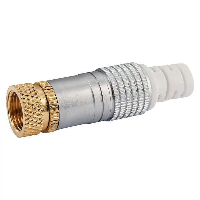 Schwaiger F-Stecker HQ - Vergoldete Kontakte, Durchmesser: 7 mm, Kabelführung, 2 Stk. - Das Bild zeigt eine detaillierte Nahaufnahme eines hochwertigen, mehrteiligen Verbindungsstücks aus Metall und Kunststoff.