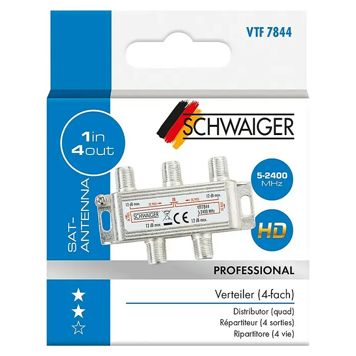 Schwaiger Verteiler - 4-fach, F-Buchse, 5 - 2.400 MHz, 12 dB - Bild eines VTF 7844 4-fach Verteilers von Schwaiger für Sat-Antennen, ideal für professionelle Installationen.