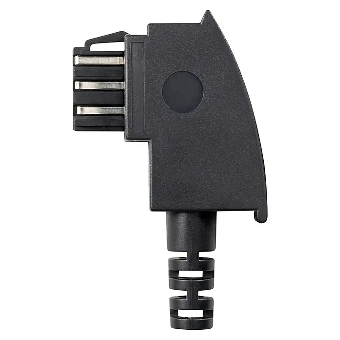 Schwaiger TAE-Anschlussstecker F - Schwarz, TAE-F-Stecker - Naheaufnahme eines schwarzen Steckers mit silbernen Kontakten. Der Stecker hat eine abgewinkelte Form und ist detailliert dargestellt.
